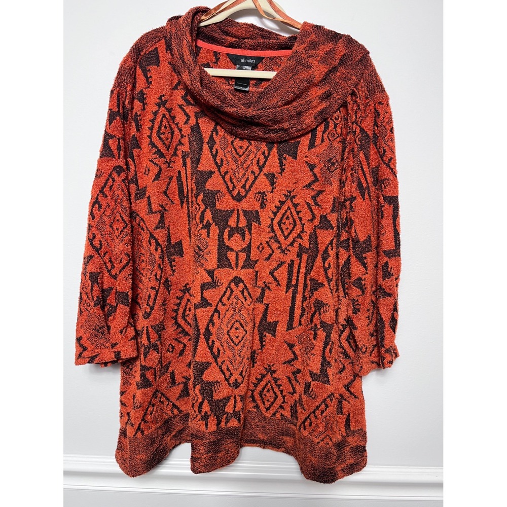 Ali Miles Cowl Neck Tunic Sweater Orange Black Abstract Print (2X) Cozy Fall